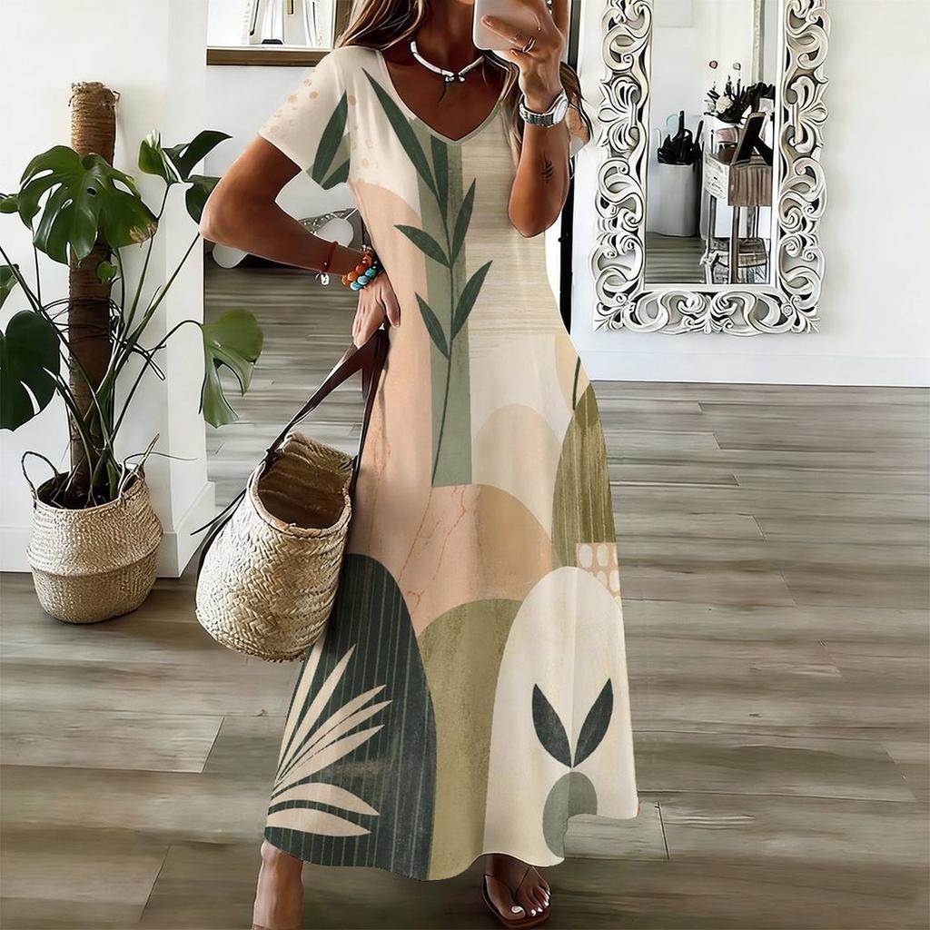 Women Plus Size V Neck Short Sleeve Abstract Floral Printed Long Dress