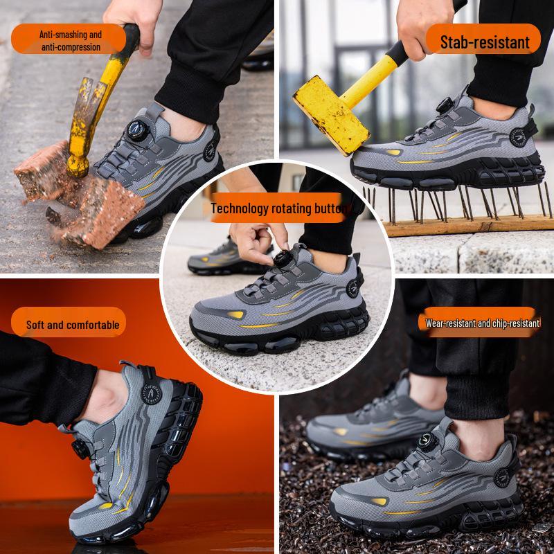 Men's Fly-Knit Safety Shoes: Anti-Smash, Anti-Puncture, Breathable, Lightweight, Comfortable, Wear-Resistant with Soft Sole and Button Closure.