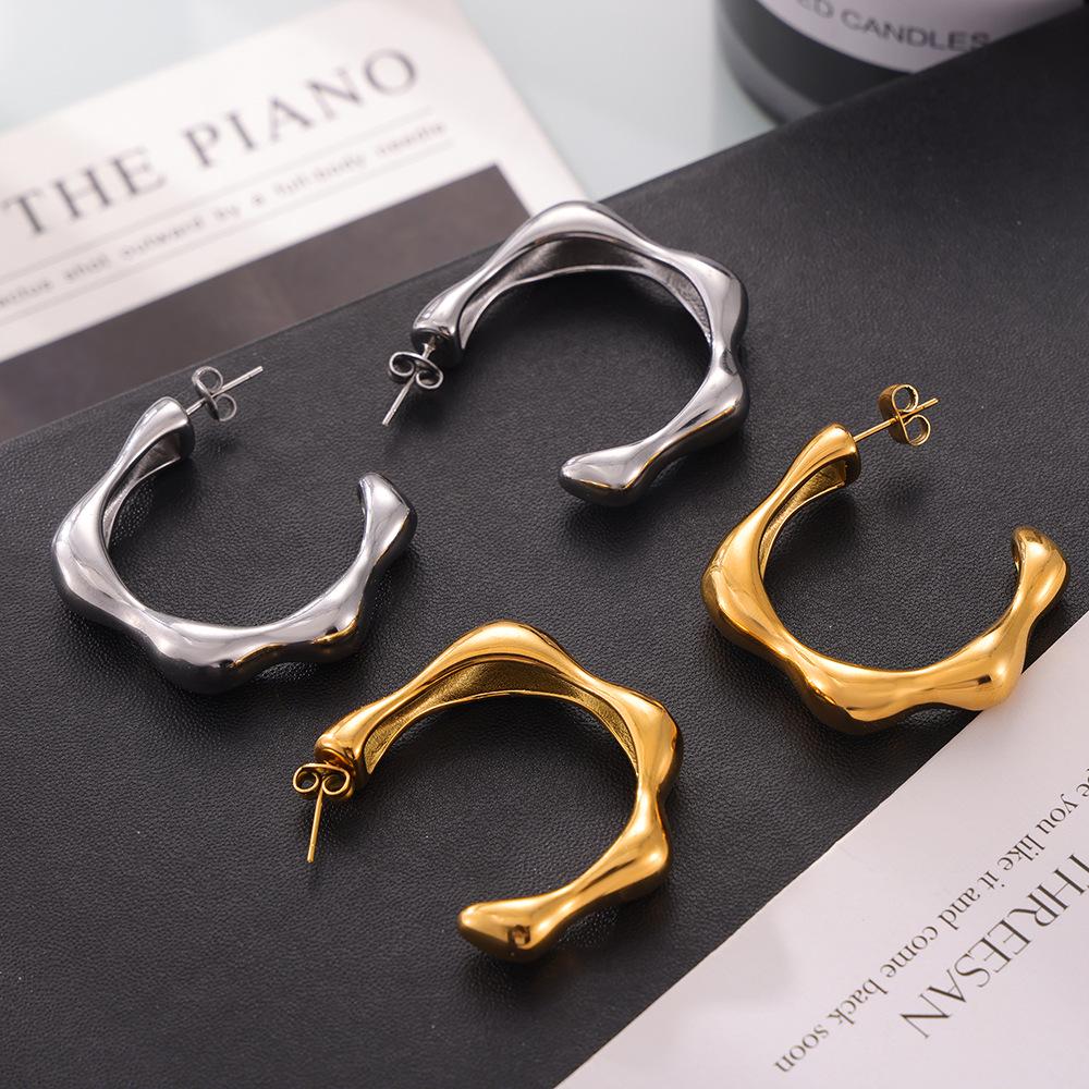 Elegant C-Shaped Stud Earrings, European/American Style, Irregular Design, Titanium Steel, Real Gold Plated, Cold & Sophisticated Appeal