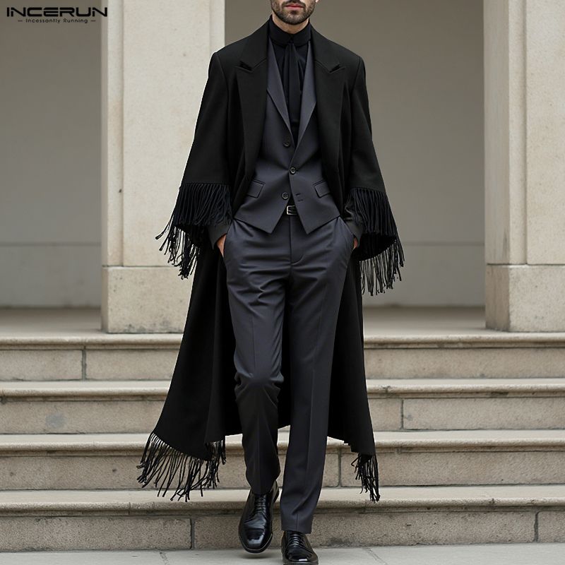INCERUN Men Lapel Neck Long Sleeve Open Front Tassel Long Blazer Coats