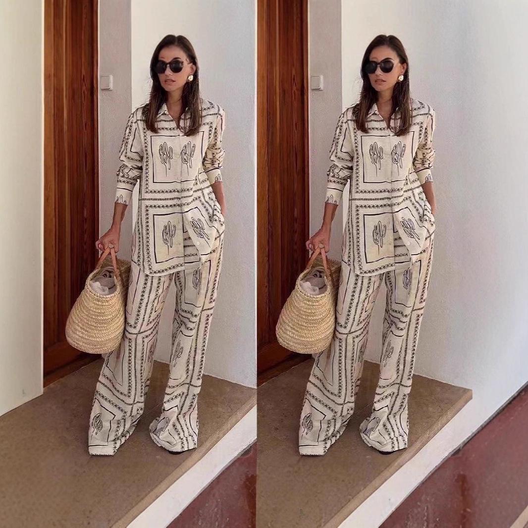 2025 Women s Casual Linen Shirt and Trousers Set - European & American Style L