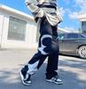 Spring and Autumn Men's Fashionable Stitching Embroidered Straight Denim Trousers