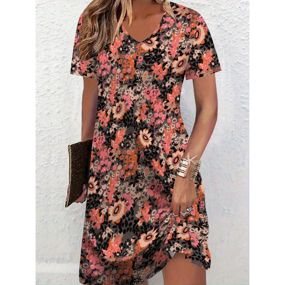 Large Size Women's Summer Casual Dress, Short Sleeved V-neck Floral Print Dress
