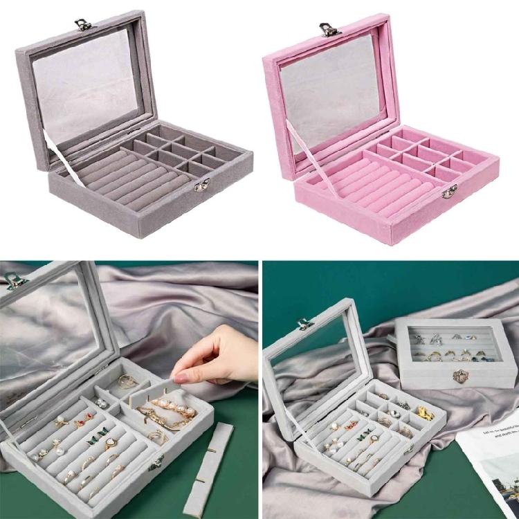 Dustproof Organizer for Earring Ring Necklace Velvet-Clear Lid Jewellery Holder