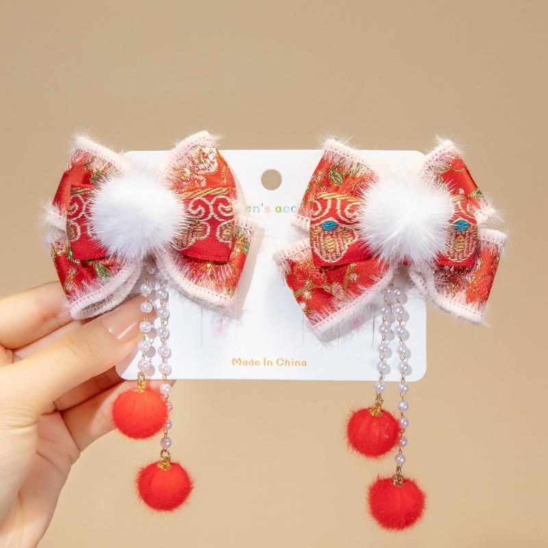 Chinese New Year Red Bow Tassel Hair Clips for Girls & Women - Cute Ancient Style Hair Accessories