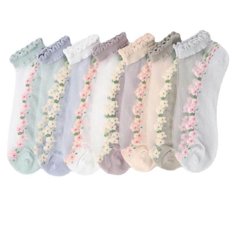 Summer Short Socks Made of Floral Glass Fiber for Women, Cute Ins Short Socks with Cotton Soles, Sweat-absorbing and Breathable Socks