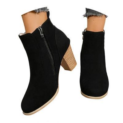 Women's Comfortable Round Toe Solid Color High Heel Short Barrel Side Zipper Fashion Ankle Boots Boots for Women Leather