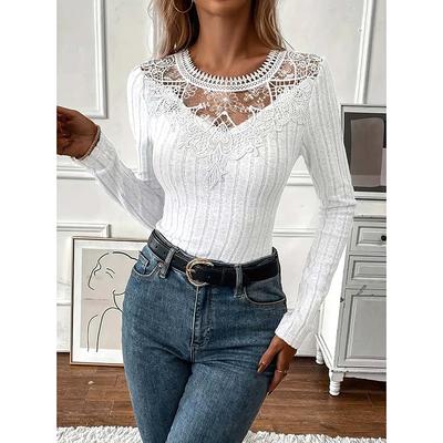 Comfortable Casual Round Neck Lace Long Sleeve Women's T-shirt Spring Summer New Style Polyester Fiber Crew Neck Full Sleeve