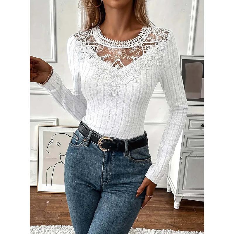 

Удобная Повседневная Женская Футболка с Круглым Вырезом и Кружевом, Длинным Рукавом, Весенне-Летний Новый Стиль, Полиэфирное Волокно, Круглый Вырез, Длинный Рукав S белый