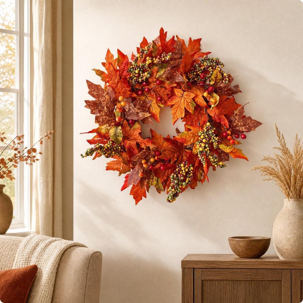 Door Wreath with Maple Leaves and Berries Artificial Fall Plump for Porch