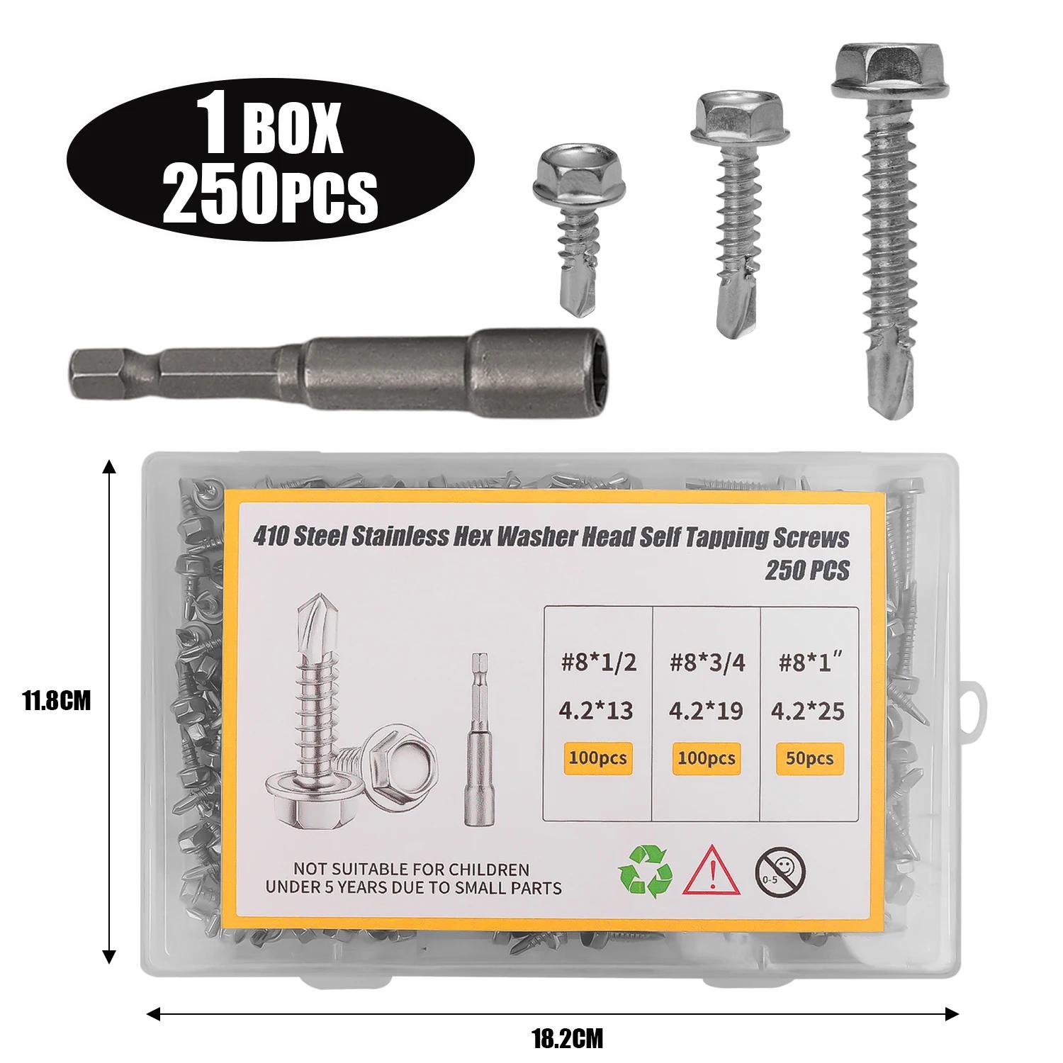 

250pcs Stainless Steel Screw Self-tapping Flat Head Drilling Screws Woodworking High-Strength Hardware Fasteners Assortment Kit