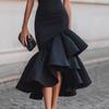 Vestido Midi de Manga Corta con Cuello Redondo para Mujer Ajustado Elegante Asimétrico con Volante Bodycon Vestido de Cóctel