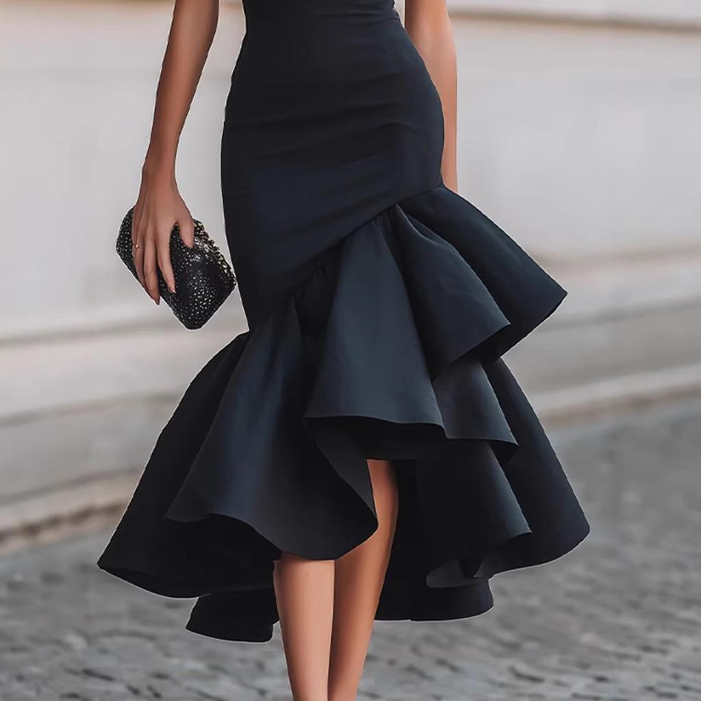 Vestido Midi de Manga Corta con Cuello Redondo para Mujer Ajustado Elegante Asimétrico con Volante Bodycon Vestido de Cóctel