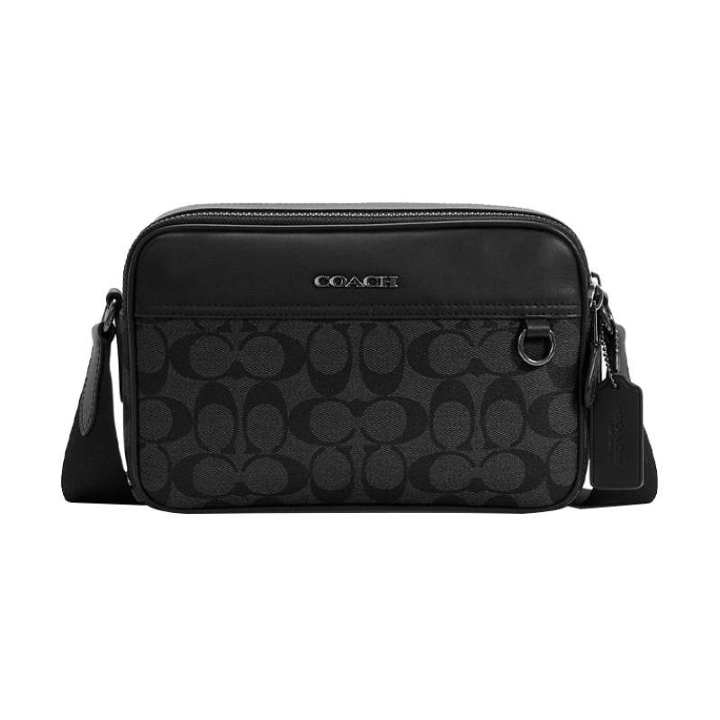 Coach Crossbody Bag Graham 23 Metal Logo Signature Pendant Coated Canvas and Calf Leather Camera Small Square Shoulder Medium Men's Charcoal Black