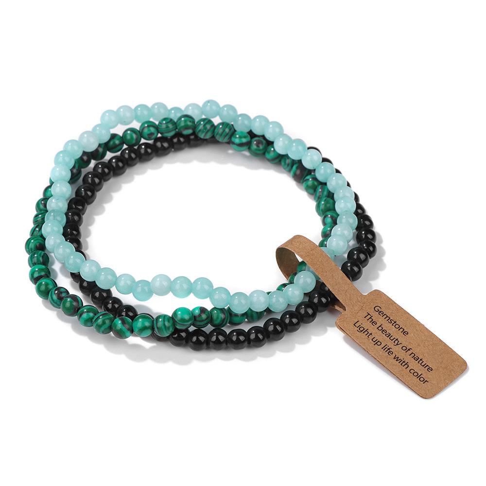 Braccialetti Elastici con Perline di Pietra Naturale da 4 mm (3 Pezzi) per Donna Uomo Agate Muschiate Quarzi Rosa Set di Braccialetti Elasticizzati con Etichetta Gioielli