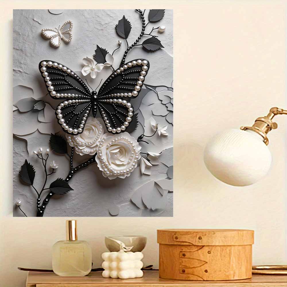 Frameless Black Butterfly Pearl Painting Kit 30x40cm Floral DIY Pearl Art Elegant Gem Art for Home Wall Decoration Perfect for Living Room & Bedroom