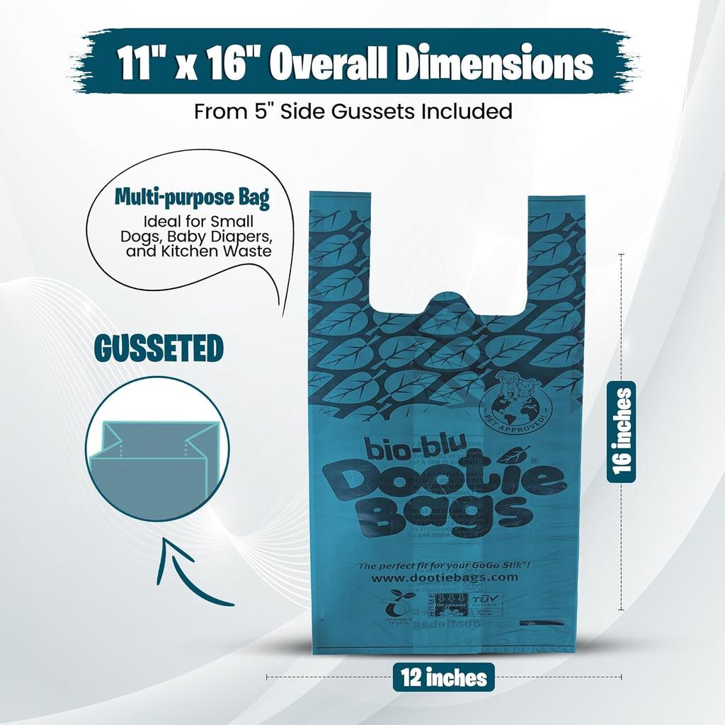 Bio-Blu Dootie Bags®, Premium Medium-Large, E-Z Tie Handle Poop Bags, Made with Superior Material, Strong, Leak Proof, 100 Count. Fits GoGo Stik ST