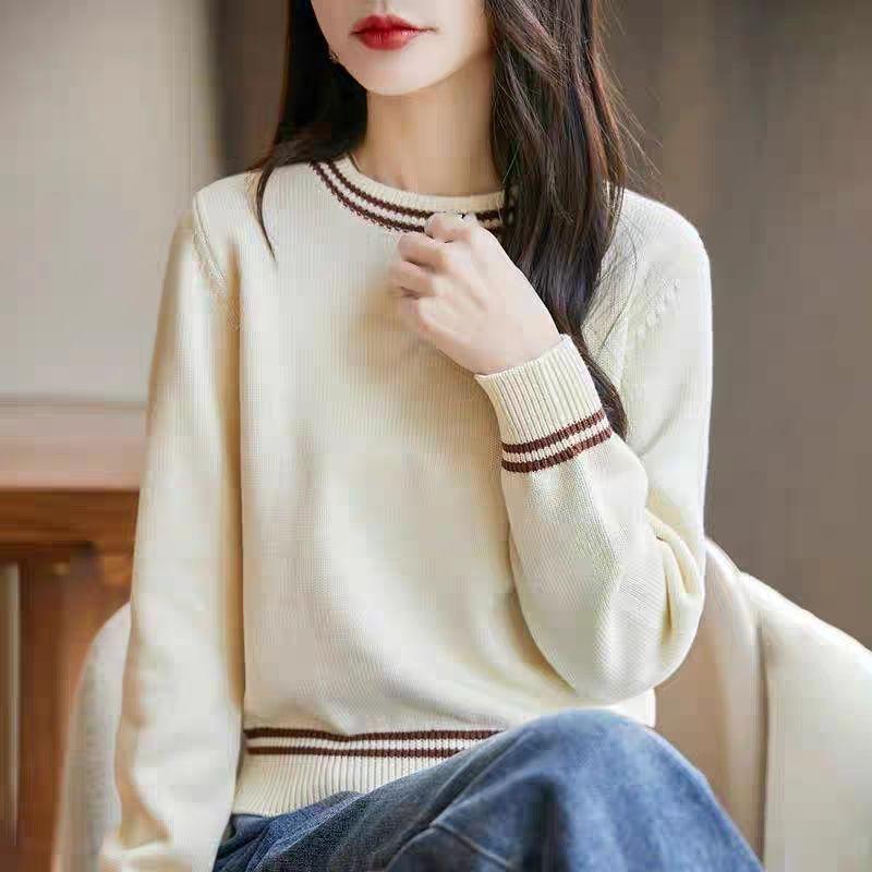 Round Neck Knitted Sweater for Women Loose and Slimming Versatile Sweater Base Knitted Top
