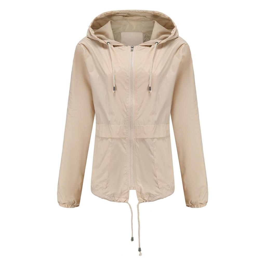 Women Spring Solid Color Long Sleeve Lightweight Hooded Collar Outdoor Raincoat Cropped Cardigan Jacket S-3XL