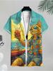 Men'S Casual Short Sleeve Shirt, Cartoon Cat Pattern Printed, Polyester Material, Mixed Color, Multiple Specifications Available, Suitable for Daily