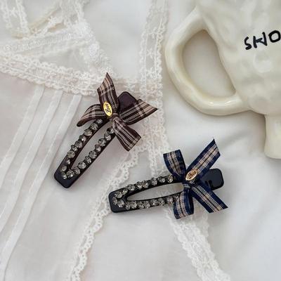 Women's Cubic Check Ribbon Side Hair Clip Hairpin