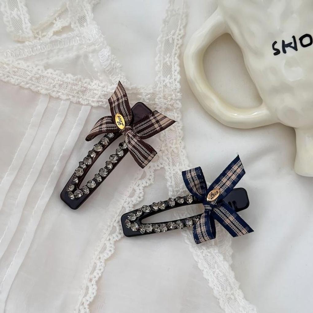 Women's Cubic Check Ribbon Side Hair Clip Hairpin