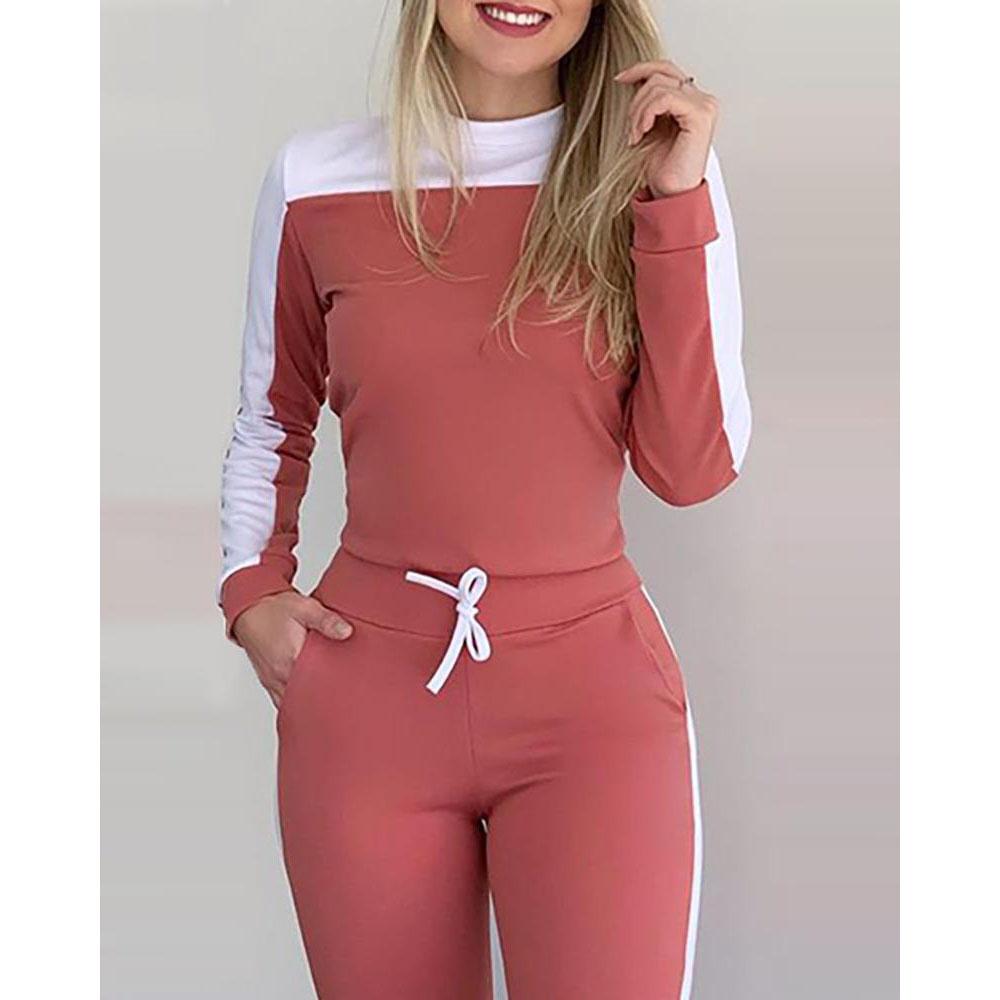 Zweiteilige Sets Herbst Rundhals-Outfits Skinny Kordelzughose Damen Colorblock Langarm-Set Übergröße
