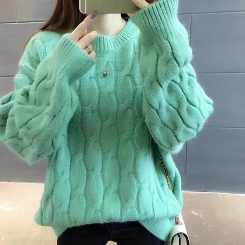 Winter Women's Sweater Women's Loose Pullover Thickened Round Neck Fried Dough Twists Knit