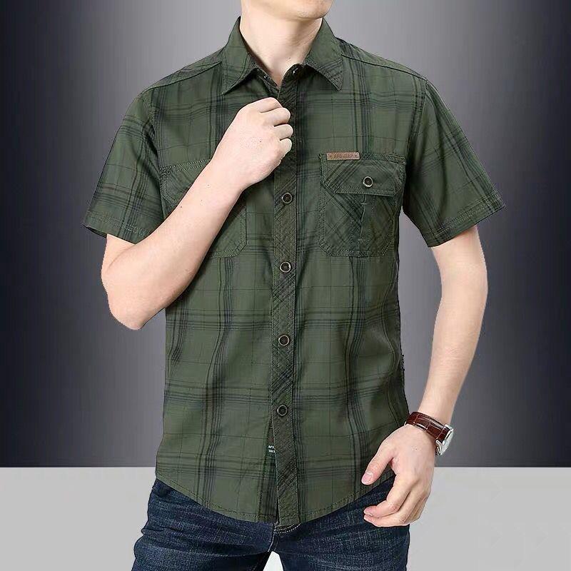 Safari Style Military Men Cotton Short Sleeve Shirt Streetwear Fashion Summer New Lapel Oversized Business Plaid Casual Tops 5XL