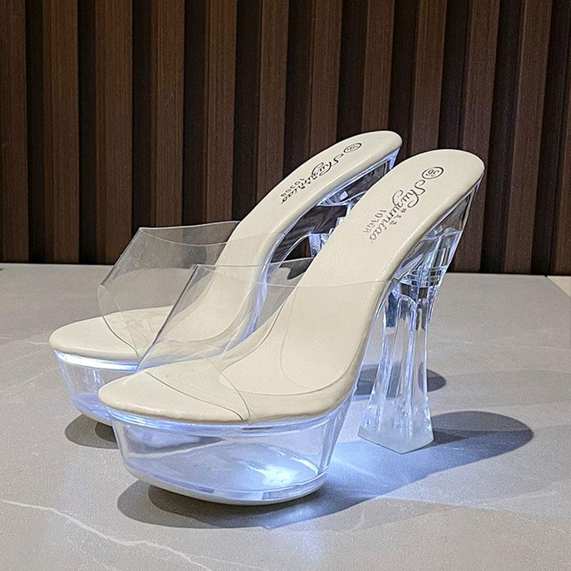 Pantofole da donna con tacco alto e fibbia in metallo luminoso, tacco 14 cm, serie 10365, piattaforma 4 cm, LFD