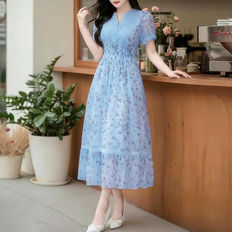 

ZANZEA Women Lace Splice V-Neck Casual Short Sleeve Floral Dress 2XL