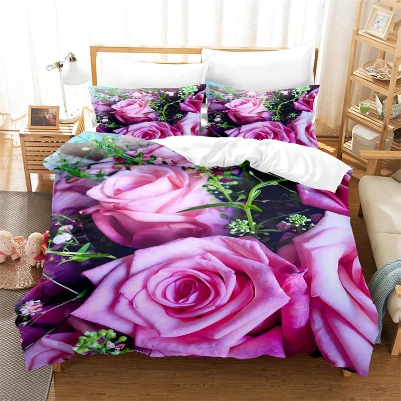 Deluxe Rose Queen Bedding Set Beautiful Flower Duvet Set Romantic Flower Three-Piece Set