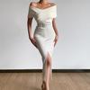 Women Dress Strapless Off Shoulder with Belt Solid Color Party Evening Dress for Office