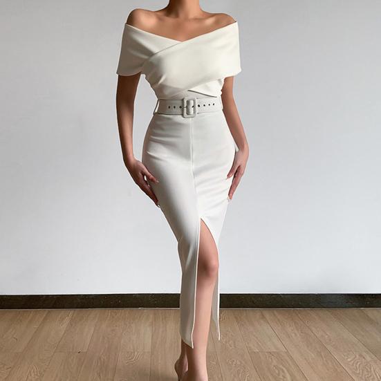 Women Dress Strapless Off Shoulder with Belt Solid Color Party Evening Dress for Office