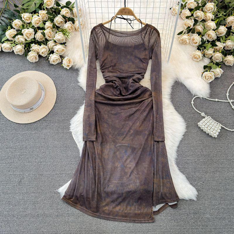 Spring and Autumn Retro Sexy Long Sleeves Suspender Skirt Mesh