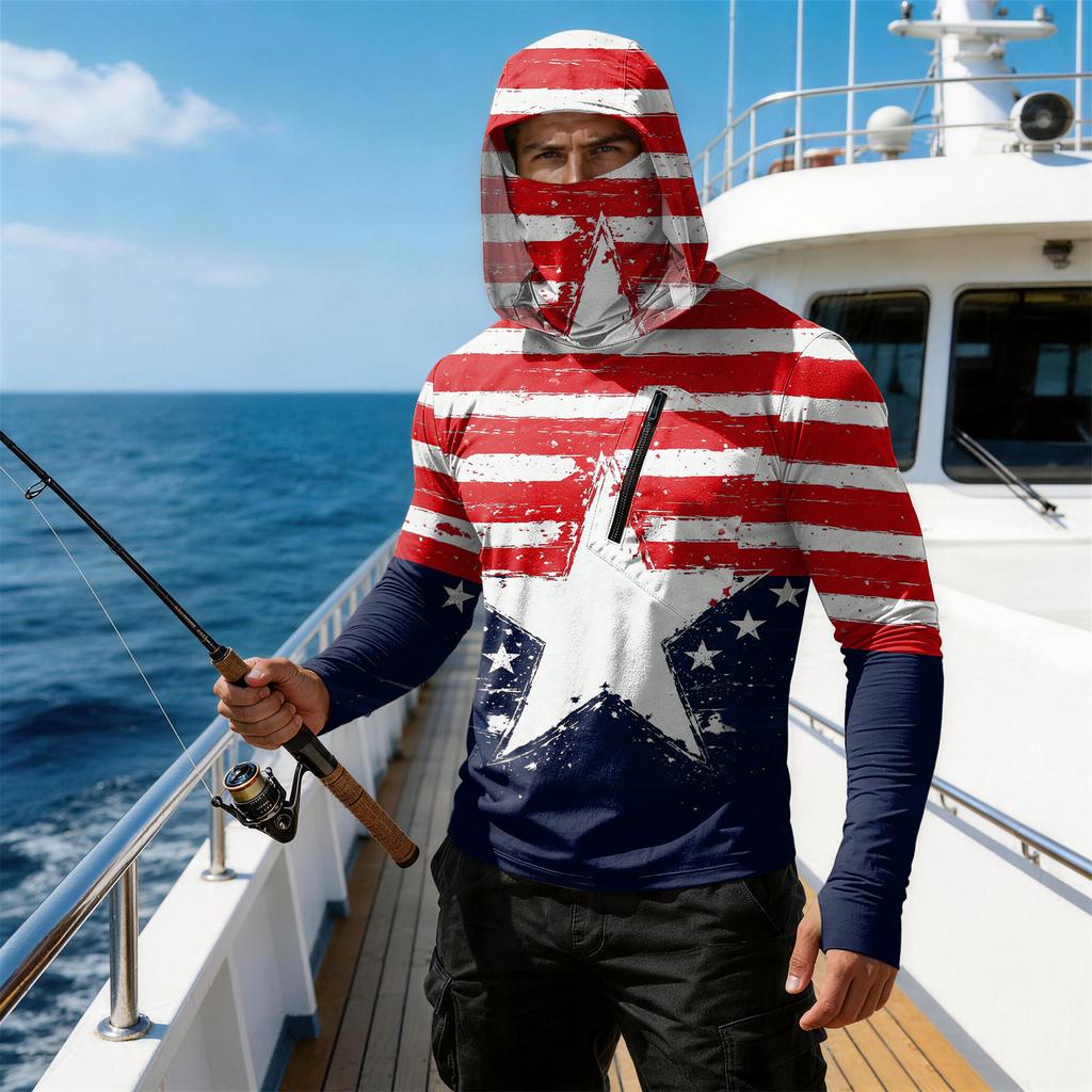 Men's Casual Hooded Long Sleeve Sun Protection Top with Independence Day Print Star Pattern Pullover Lightweight Shirt