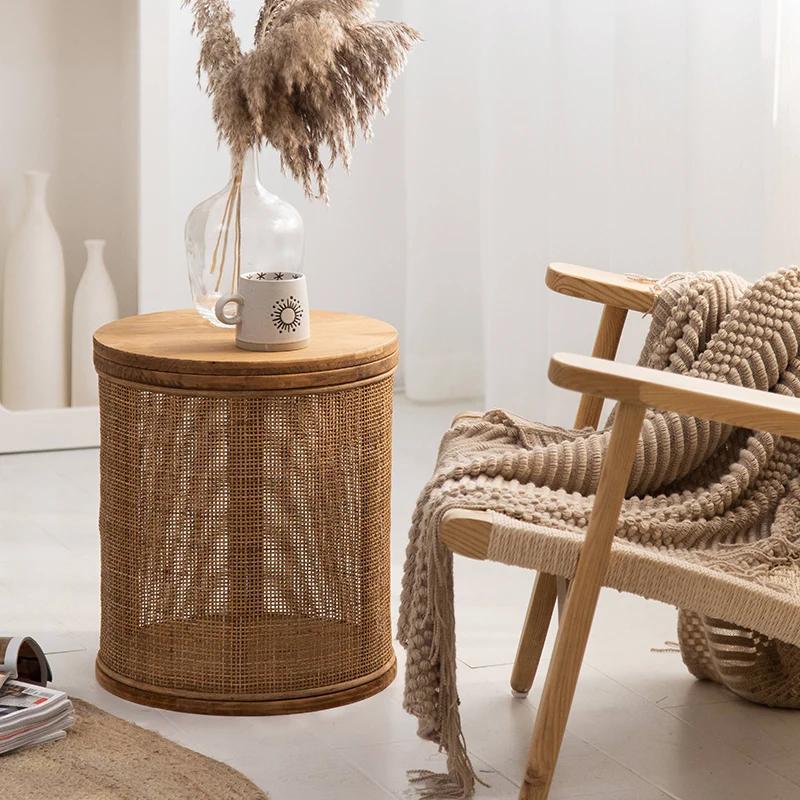 Japanese Round Coffee Table Living Room Rattan Woven Side Table Clamshell Storage Room Desks Multi-functional Home Furniture