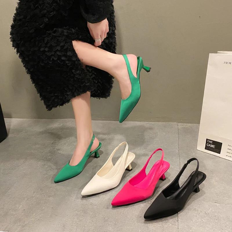 Women's Medium Heel Sandals Pointed Toe Thin Heels Leaking Heel Shoes for Women Fashion Dress Party One Kick Sandalias De Mujer