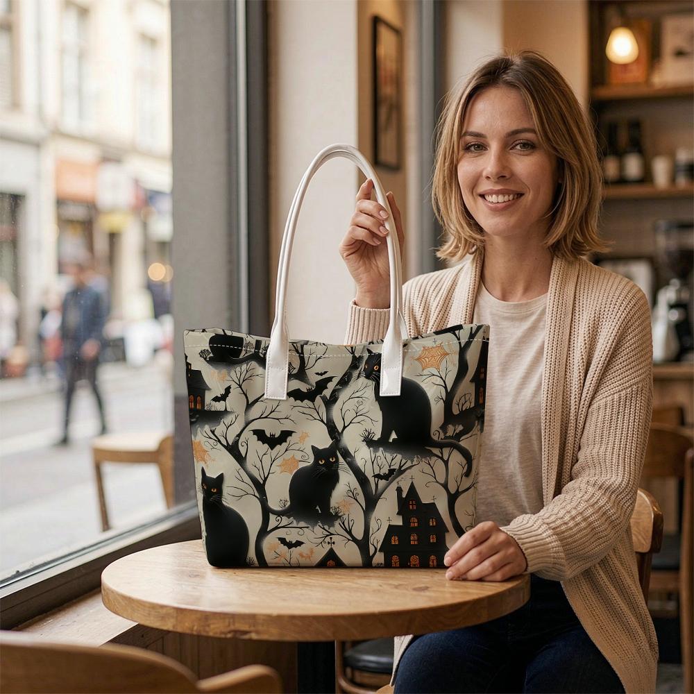 Halloween Themed Tote Bag Black Cat Bat Spooky House Printed Portable Casual Outdoor Handbag