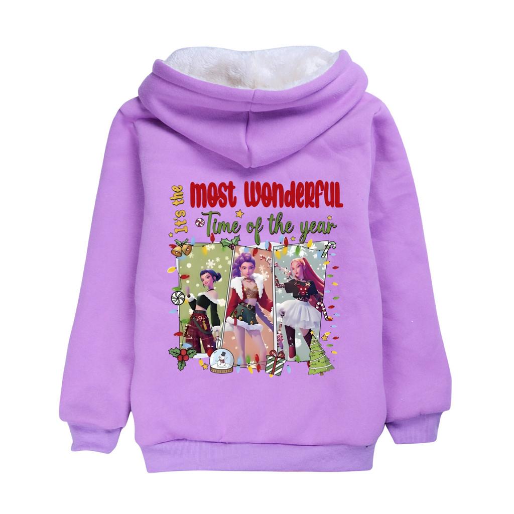 5096 Casual Winter Thick Kids Girls Kpop Zoey Mira Rumi Print Long Sleeves Velvet Warm Coat Jacket