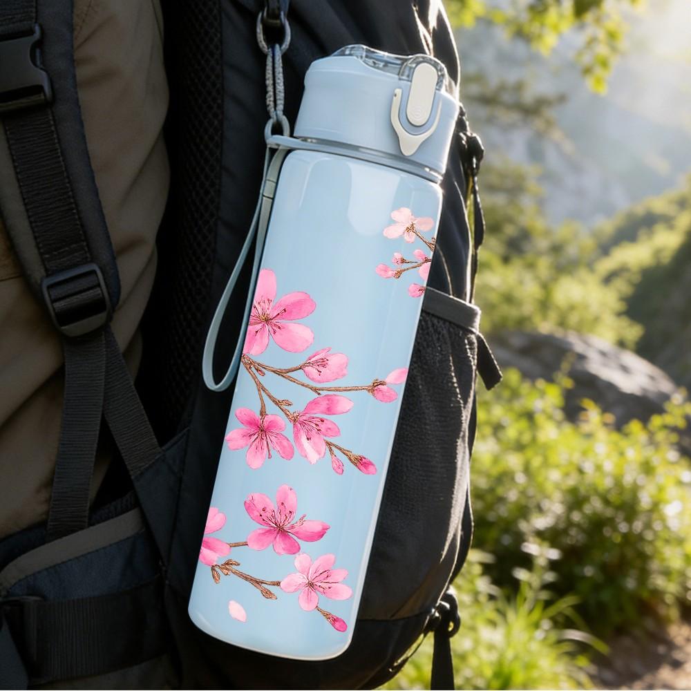 1PC Pink Cherry Blossom Floral Print 750ml Color Plastic Sports Water Bottle Leakproof Flip Straw Lid Suitable for Sports Office Home Use