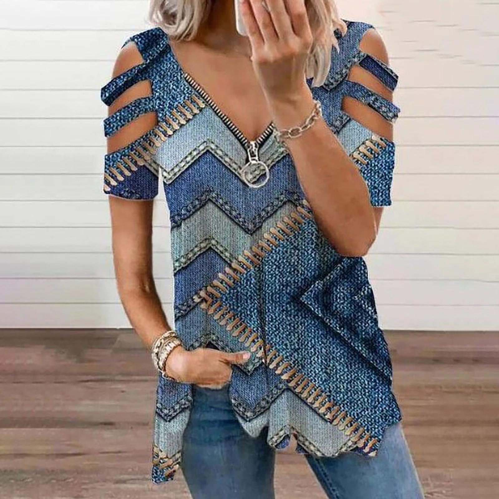 Women s Fashion Full-Body Printing Zipper V-neck Short-Sleeved Casual Top L синий