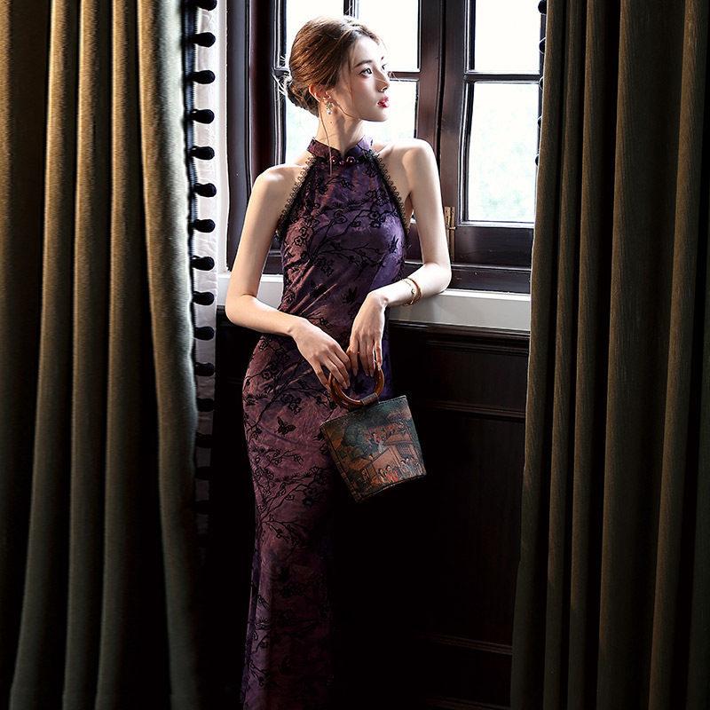 Purple fishtail neck national style new Chinese long cheongsam improved young 1011 new women's high-end dress