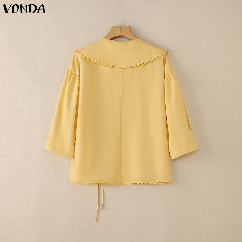 VONDA Women Casual Lapel Neck Solid Color Irregular Loose 3/4 Sleeve Blouse
