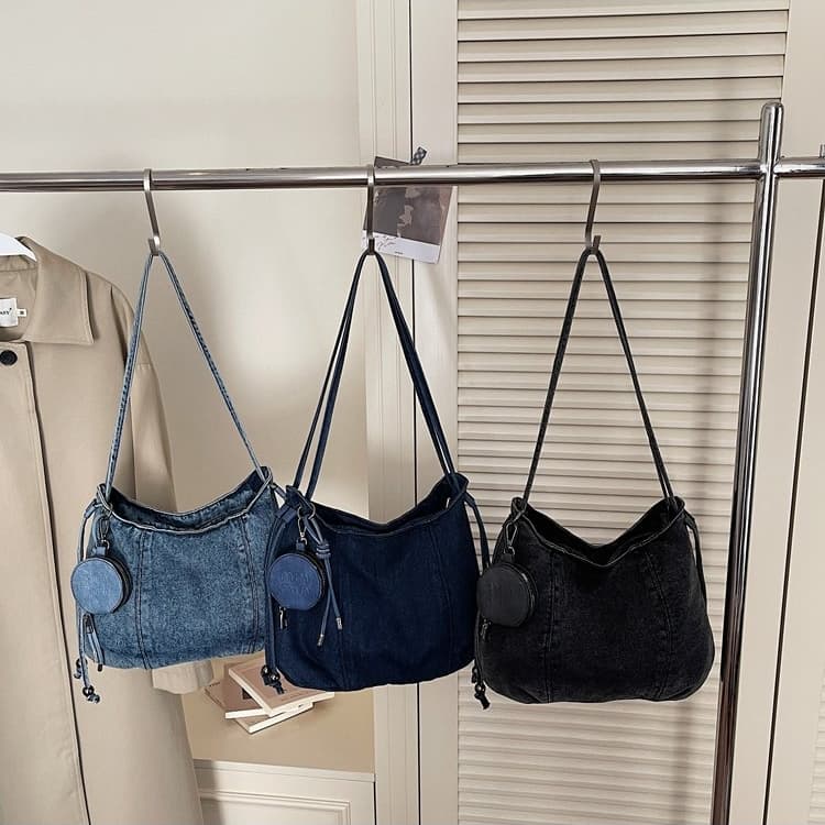 Vintage drawstring denim bucket bag women's shoulder messenger bag