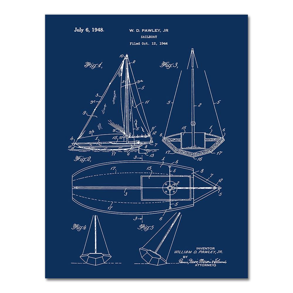 Sailboat Patent Print Vintage Poster Sailor Gifts , Yacht Anchor Ship Wheel Sailing Blueprint Nautical Wall Art Canvas Painting