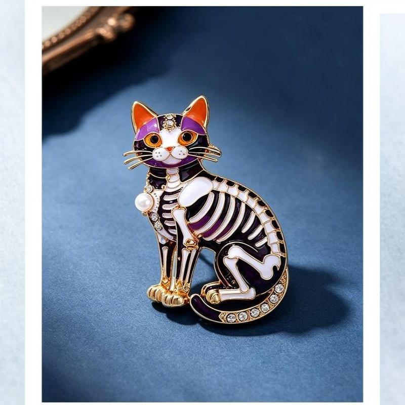 Baroque Halloween Skeleton Cat Dripping Oil Brooch Animal Themed Brooches Pins For Men Women Festive Party Accessories Gift