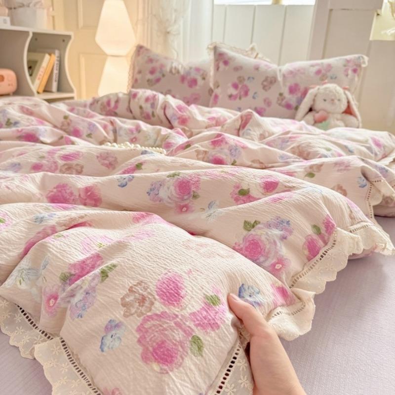 2026 New Hollow Lace Wrinkled Cotton Four-piece Set Household Student Dormitory Three-piece Set Bed Sheet Quilt Cover
