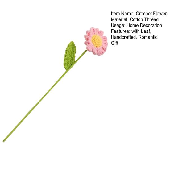 Crochet Flower with Leaves Handmade Knitting Yarn Floral Decoration Home Office Table Centerpiece Mother's