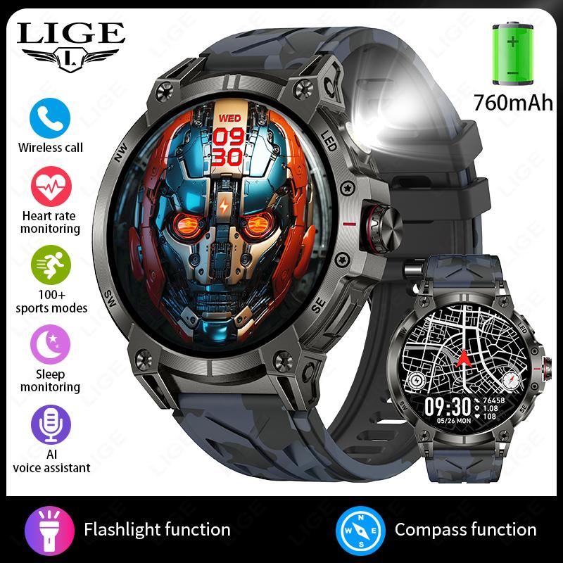 

Steel 1.85 Bluetooth Call Smart Watch Men Sports Fitness Tracker Watches Outdoor LED Flashlight Compass Smartwatch 760mAh